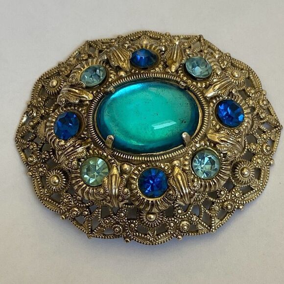 Vintage 1950s German Blue Porphyry Glass Art Nouveau Filigree Costume Brooch HTF